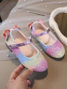 Children Girls Rainbow Bow Mary Jane Flats, Sequins Party Shoes, Anti-Slip Rubber Sole, Velcro Closure, All Seasons Wear