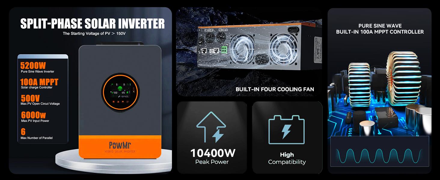 PowMr Solar Hybrid Inverter 5200W 48Vdc to 110Vac Split-Phase Solar Inverter Built-in 100A MPPT Controller | Max.PV Input 6KW 500VOC | Support 6 Units Parallel and Batteryless Run
