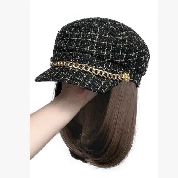 Hat with Wig for Women, Synthetic Straight Hair Extension Attached to a Fabric Newsboy Cap, Long: 55~65cm or Short, Factory Sale, Synthetic Hair, Attached Wig