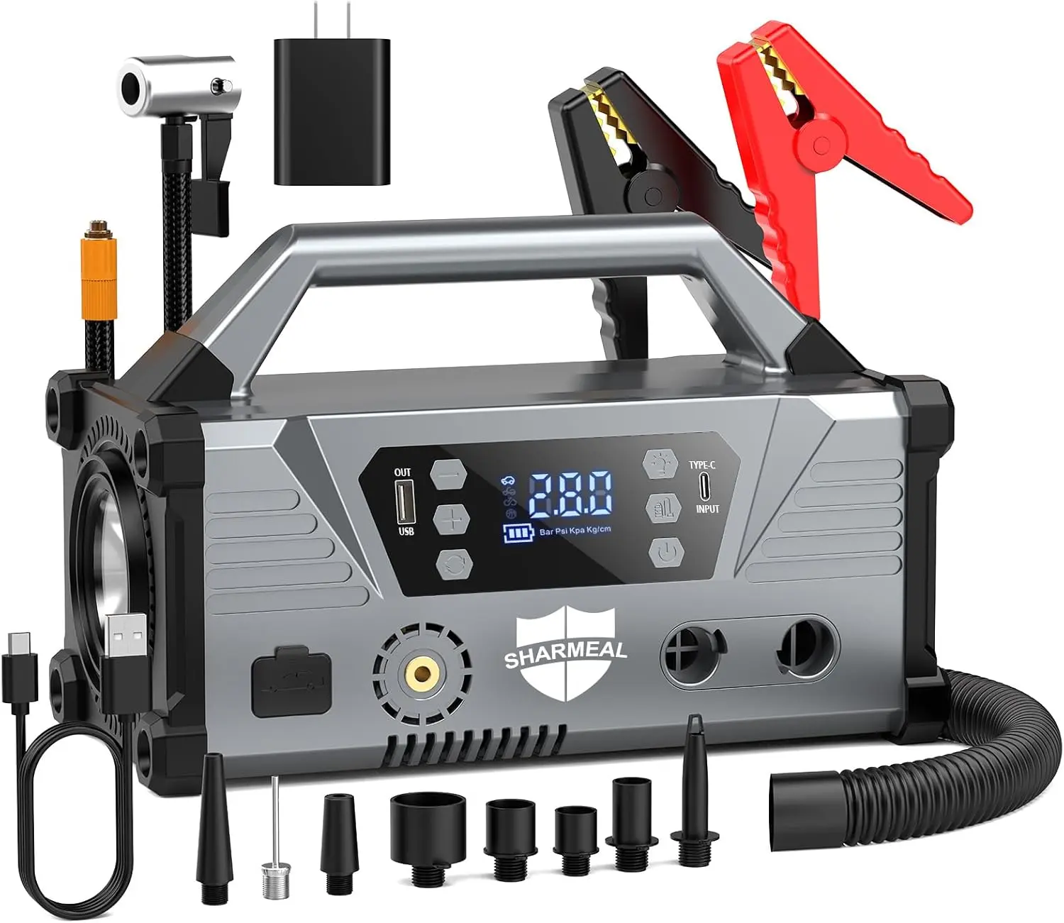 Jump Starter with Air Compressor，9000A Car Battery Jump Starter (All Gas/12.0L Diesel)，200PSI Car Battery Jumper Starter Portable 12V Jump Box with Jumper Cables, LED Light