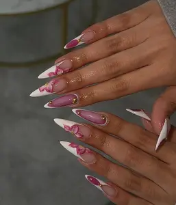 Elegant Orchid Bloom Press On Nails | White French Stiletto Nails | 3D Floral Accent| Elegant Pink & White Nail Art | Handmade Nail 