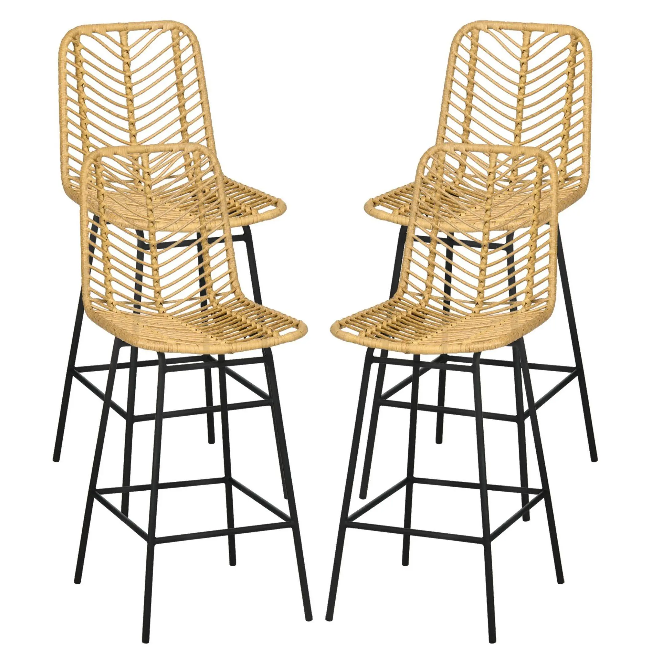 Rattan Weave Wicker Bar Stools (Set of 4), Yellow Counter-Height Indoor Furniture Chairs with Steel Legs & Footrest, 4 Seats for Kitchen Pub Dining Island, Four Seats