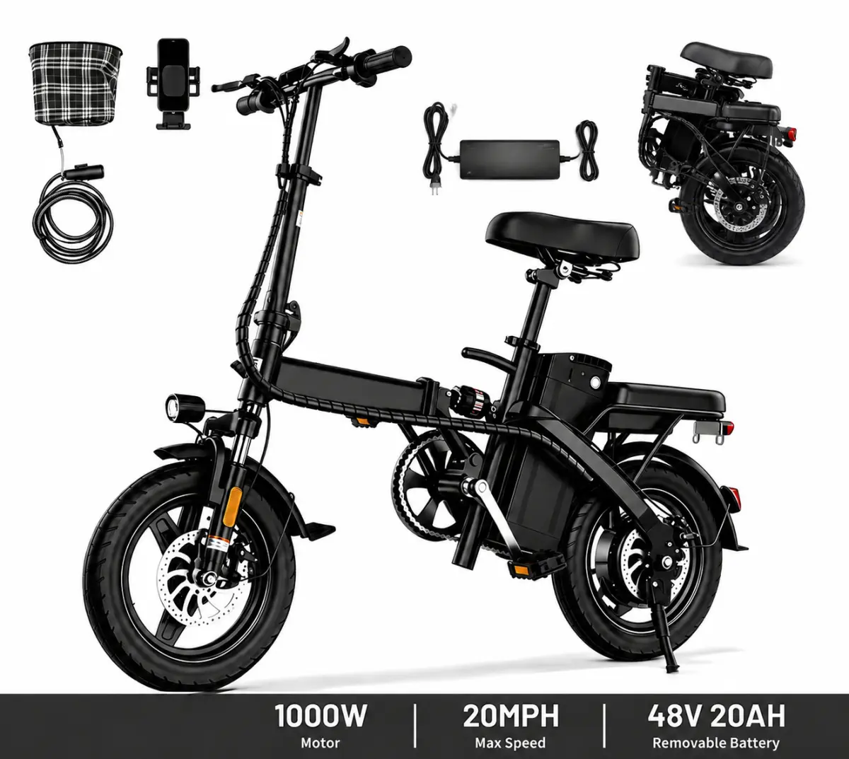 Folding Electric Bike for Adults, Lightweight Portable E-Bike with Powerful Motor, Removable Battery, Seat, Basket & Phone Holder, Compact Commuter Electric Bicycle for City Travel womens cycling LED Lights 50-mi range oil brakes outdoor rid