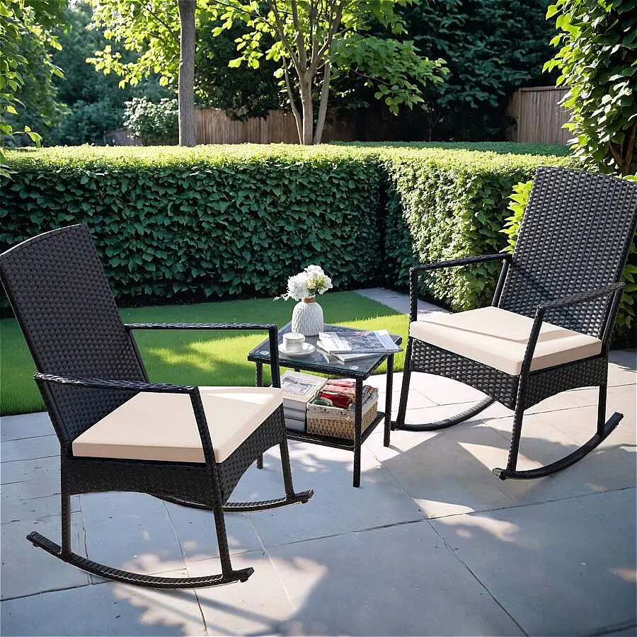 3 Pieces Patio Rocking Chair Outdoor Conversation Sets Rocking Chairs Furniture Set  Bistro Sets  With Coffee Table