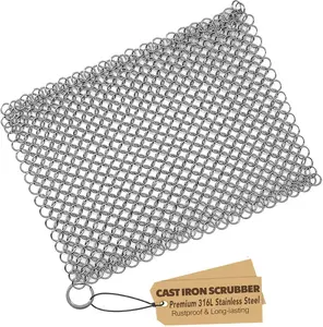 Cast Iron Scrubber 316 Stainless Steel 8"x6" Chainmail Scrubber for Cast Iron Pans Griddles BBQ Grills & Pot Cookware Cleaning Rustproof Dishwasher Safe