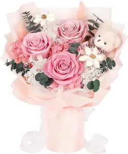 Forever Pink Rose Bouquet with Bear - 3 Real Preserved Flowers, Long-Lasting Gift for Anniversary, Birthday, Valentine's Day, Handcrafted with Mini Sunflowers & Eucalyptus Leaves