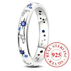 Elegant 925 Sterling Silver Moon and Star Ring with Blue Zirconia Inlay - Y2K Inspired, High-Quality Jewelry, Suitable for Casual Outfits and Gifts, Ring, Paved, Synthetic Zirconia, Suitable for Men and Women