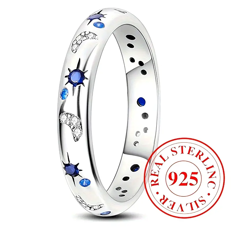 Cute 925 Sterling Silver Moon and Star Ring with Blue Synthetic Zircon Pave Inlay, Unisex Casual Daily Wear Jewelry, Moon Stars, Synthetic Zircon (Synthetic Cubic Zirconia)