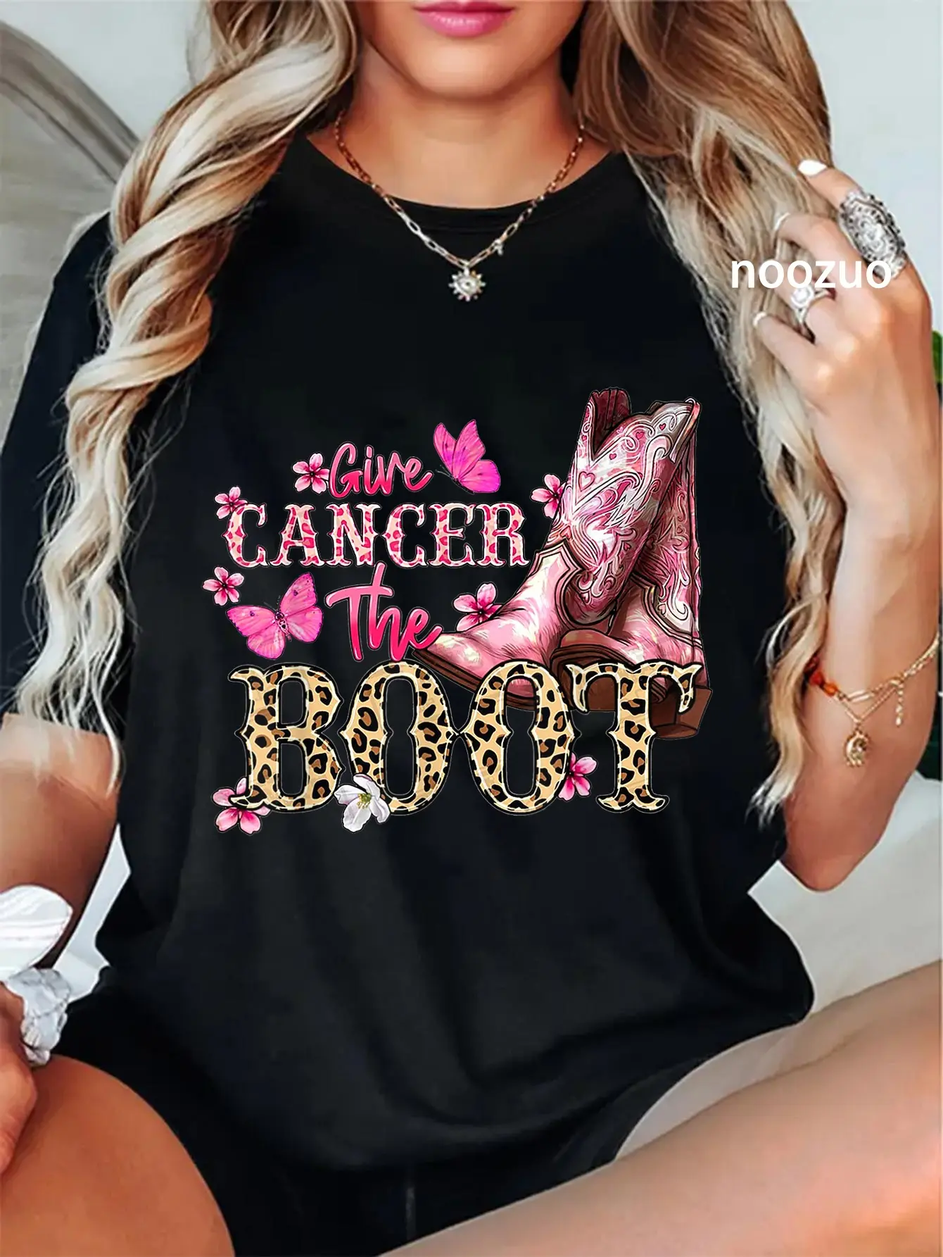 Women's Western Cowgirl Top, Playful Shortsleeve Graphic Print with Leopard Boot Breast Cancer Awareness Design