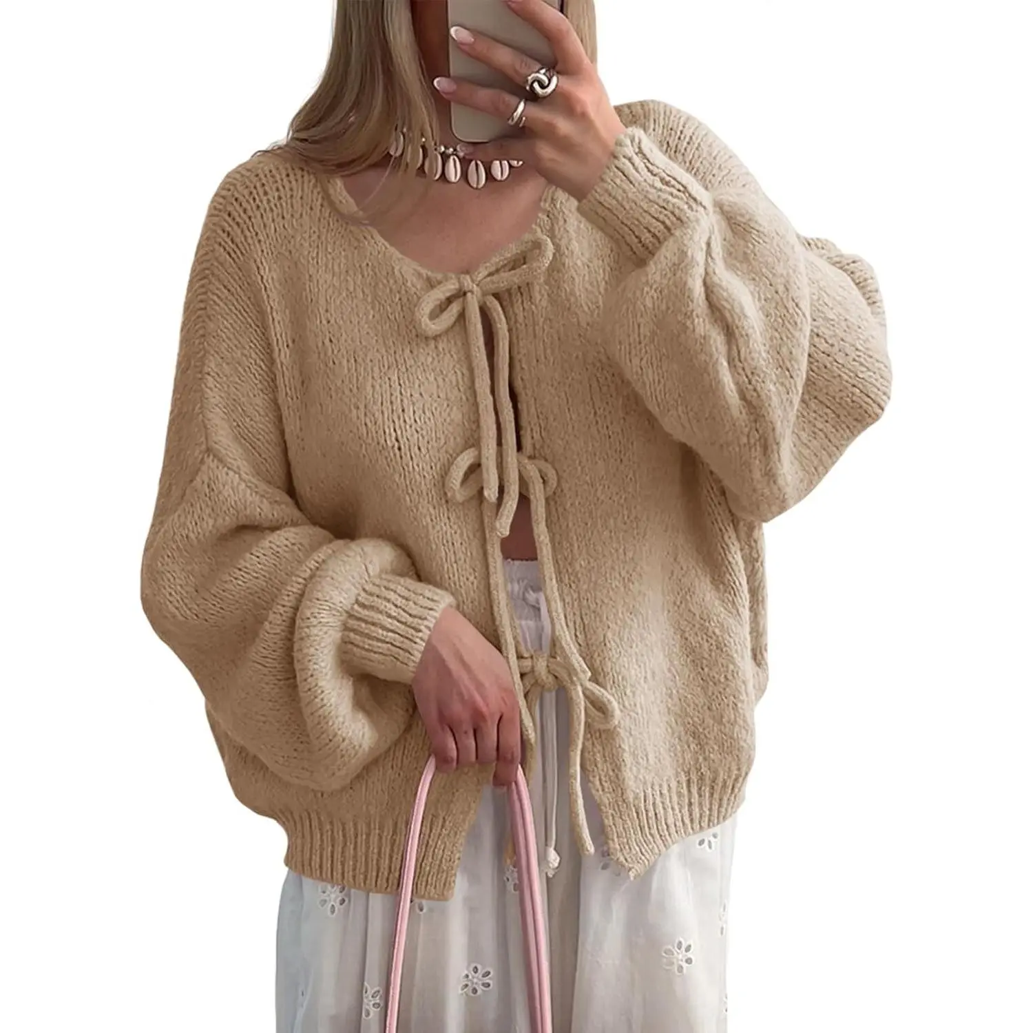 FMEYOA Womens Tie Front Cardigan Sweaters Cute Bow Puff Long Sleeve 2025 Fall Loose Ribbed Knit Trendy Sweater Tops For Women Casual Fabri