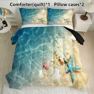 Ocean Beach Starfish Bedding Set, 1 Comforter & 2 Pillowcases, Coastal Nautical Decor, Synthetic Fiber, Ca Prop 65 Compliant