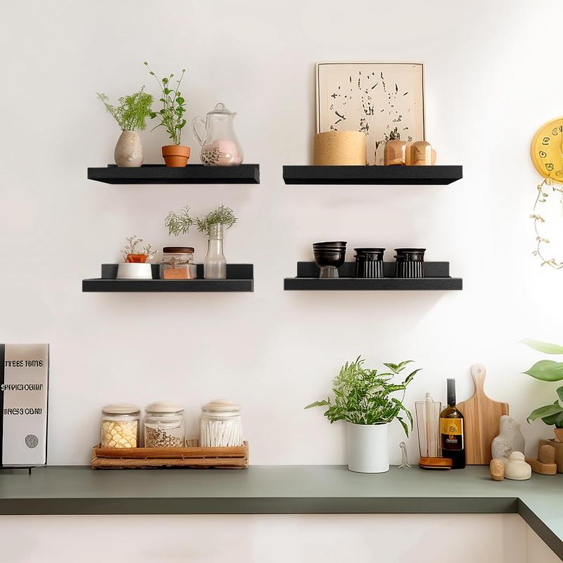 16-Inch Black Floating Shelves for Wall Storage Set of 4 - Modern Minimalist Picture Ledge Shelf Wall Decor for Kitchen, Bedroom, Bathroom, and Living Room