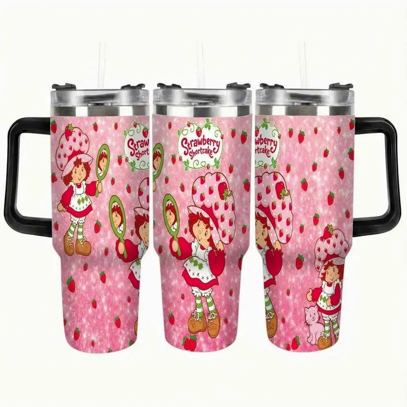 Strawberry Shortcake Insulated Stainless Steel Auto Tumbler Flask - 40oz/30oz/20oz Cute Strawberry Print, Durable, Portable Water Bottle for Daily Use, Travel, Birthday Gifts, Flasks, Bottles