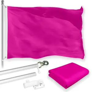 G128 Combo Pack: 5 Ft Tangle Free Aluminum Spinning Flagpole (Silver) & Solid Pink Color Flag 2x3 Ft, LiteWeave Pro Series Printed 150D Polyester | Pole with Flag Included