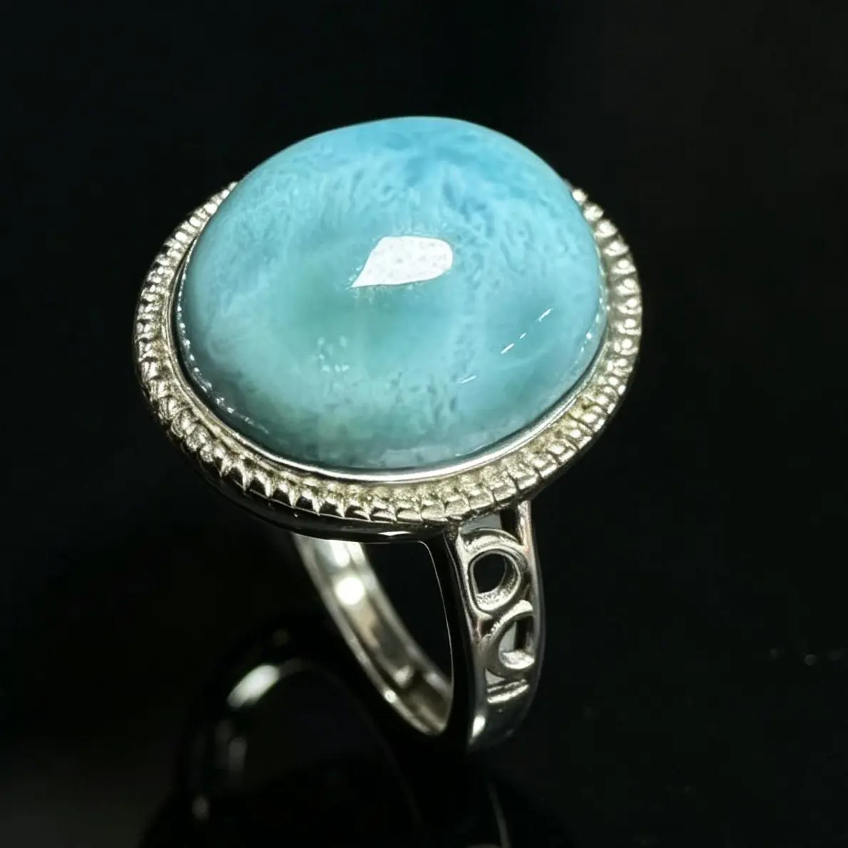 Natural Larimar 925 Silver Adjustable Ring, 13×11mm Oval Cabochon, Minimalist Statement Natural Crystal Ring, Characteristic White Patterns