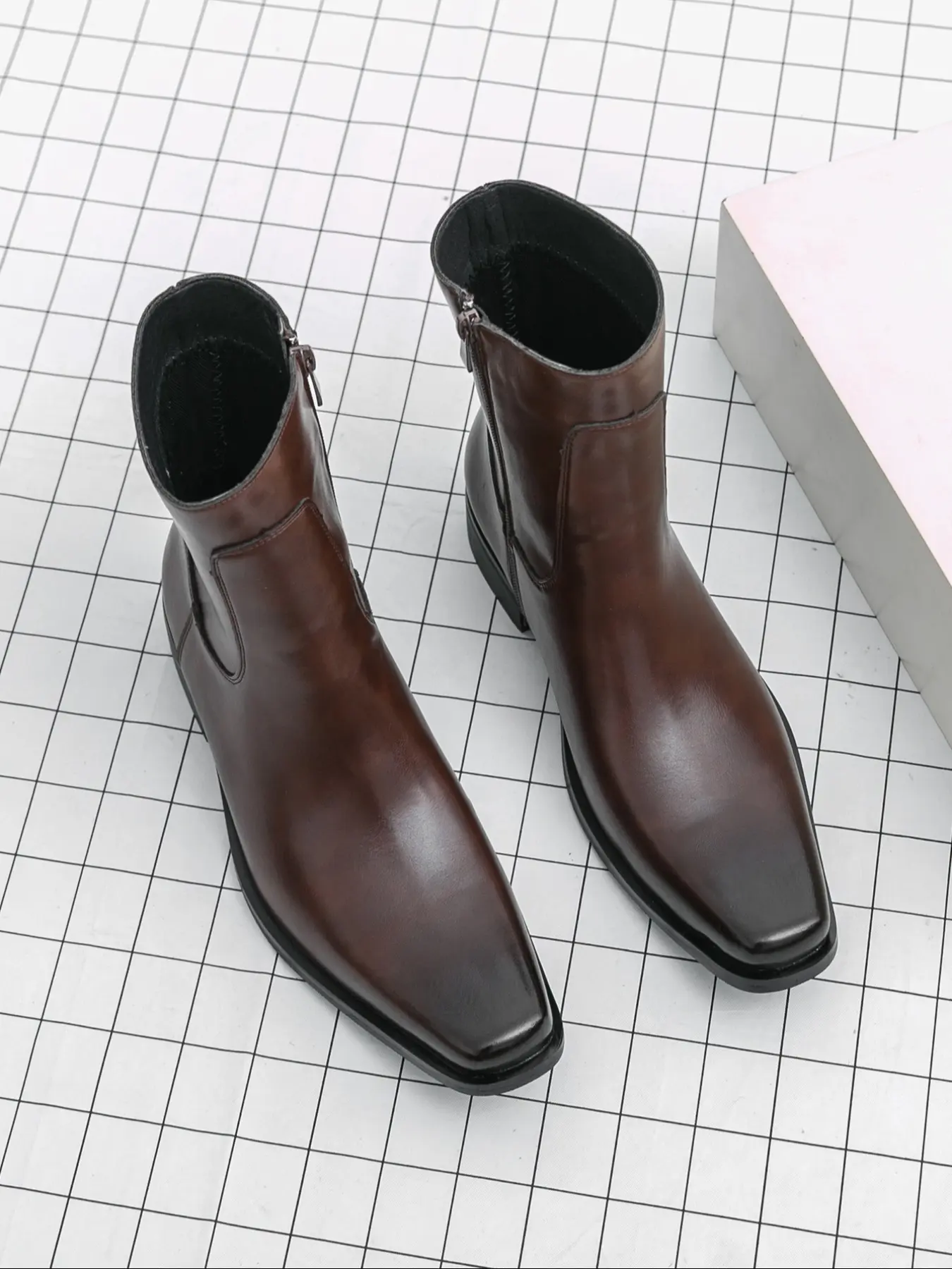 Men's Square Toe Low Heel Comfortable Breathable Classic High Top Chelsea Boots, Stylish Casual Shoes for Daily Wear Rubber Footwear Boot