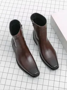 Men's Square Toe Low Heel Comfortable Breathable Classic High Top Chelsea Boots Design, Stylish Casual Shoes for Daily Wear