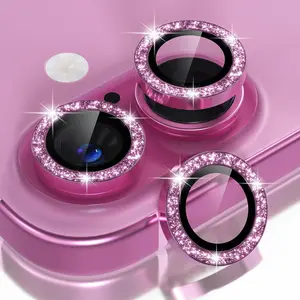L-PCS004  Compatible for iPhone 16 /iPhone 16 Plus Camera Lens Protector Bling, 9H Tempered Glass Camera Cover Screen Protector Metal Ring Decoration Accessories(Glitter-Pink) Aluminium Diamond