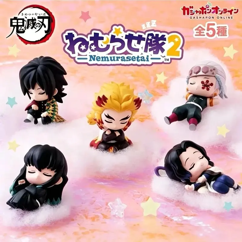 5pcs/Set Sleeping Team Chibi Figures Cute Giyuu Rengoku Shinobu Tokito Tengen Anime Model Ornament Mini Capsule Toy