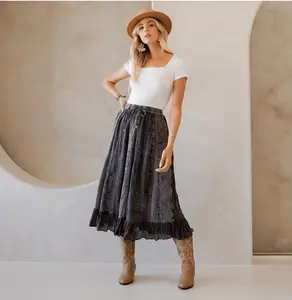 Women Patchwork Embroidered Maxi Skirt With Side Pockets: Charcoal Trim by Young Threads