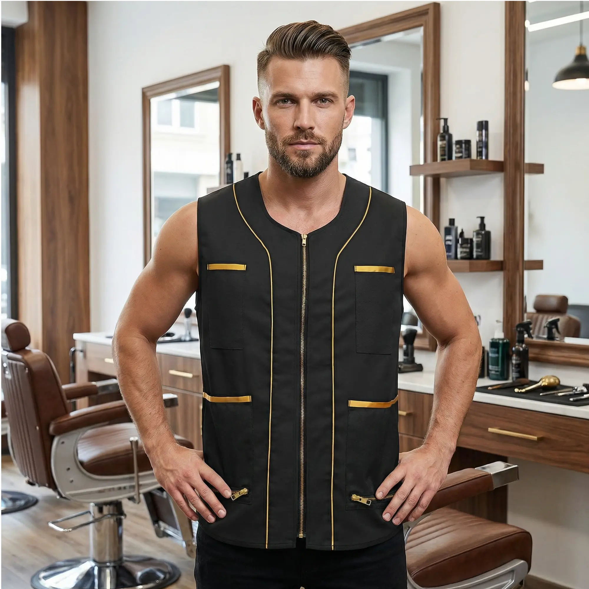 Premium Men's Barber Smock Vest | Black with Gold Trim & 6 Pockets, Zipper, Fabric, Cotton, Sleeveless, Stylish