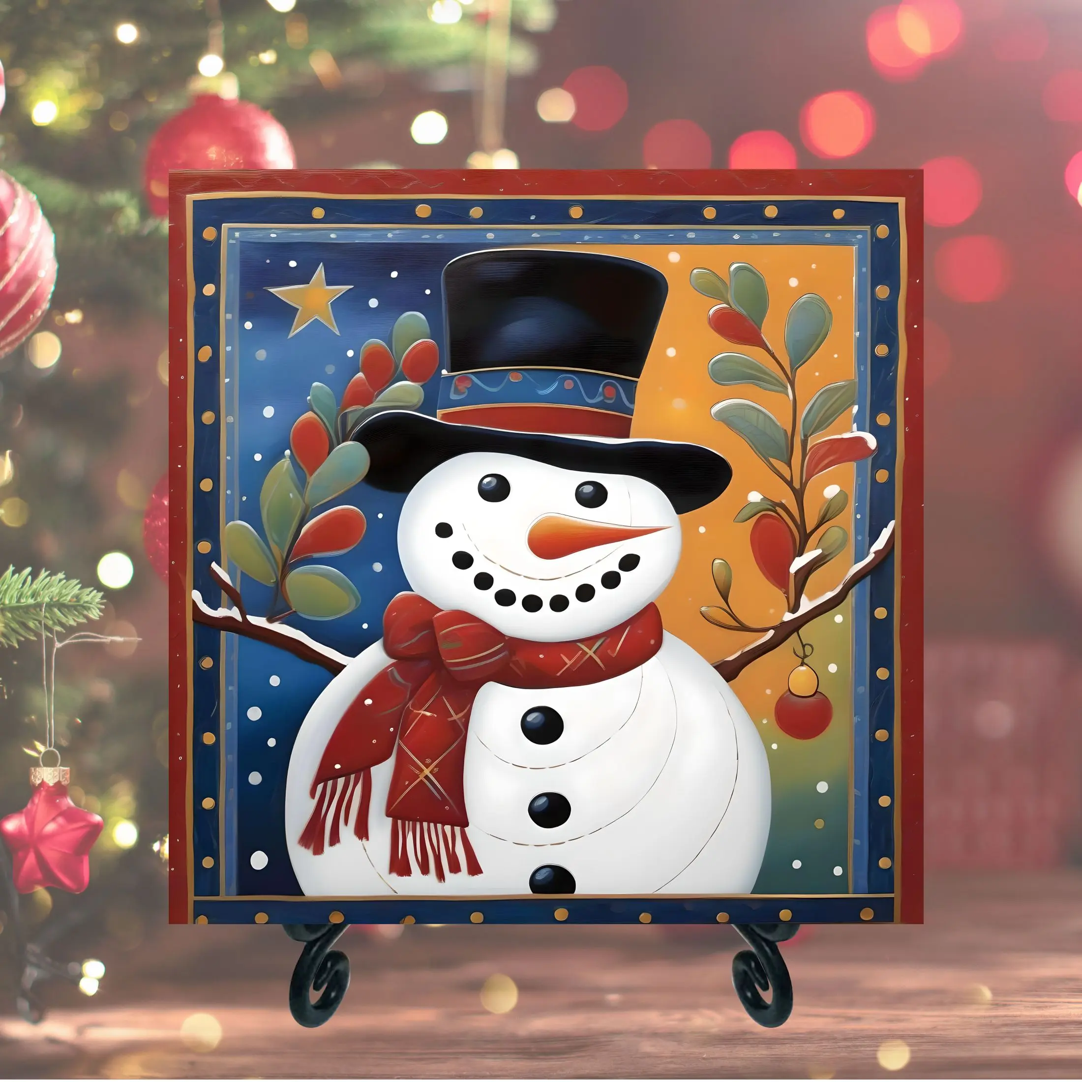Cheerful Snowman Coaster Set 4 Handmade 4.25" Glossy Ceramic Tiles Winter Christmas Home Decor Holiday Hostess Gift BPA Free Cozy Seasonal Tableware
