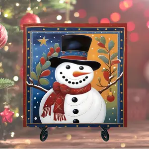 Cheerful Snowman Coaster Set 4 Handmade 4.25" Glossy Ceramic Tiles Winter Christmas Home Decor Holiday Hostess Gift BPA Free Cozy Seasonal Tableware