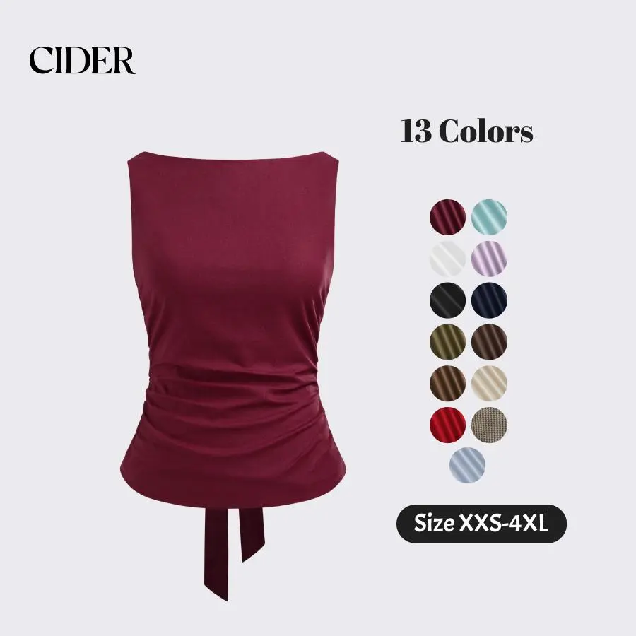 Cider Linen-blend Boat Neckline Solid Bowknot Tank Top