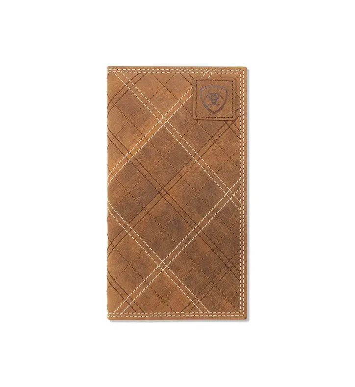 Ariat Men's Western Rodeo Style 100% Genuine Rugged Leather Wallet - Cross Stitching, Checkbook Slot, Multiple Card Slots, ID Window, Cash Compartments, Slim Yet Spacious, Shield Patch, Durable Carry, Western Detailing, Casual Use, Craftsmanship