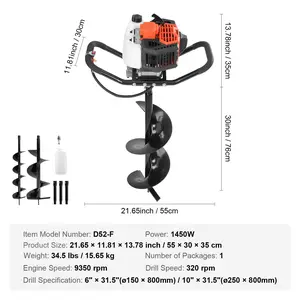 VEVOR Post Hole Digger, 52cc 1450W Auger Post Hole digger, Gas Powered Earth Digger with Two Earth Auger Drill Bit 6 10 and 3 Extension Rods, for Farmland, Garden and Plant, EPA certification
