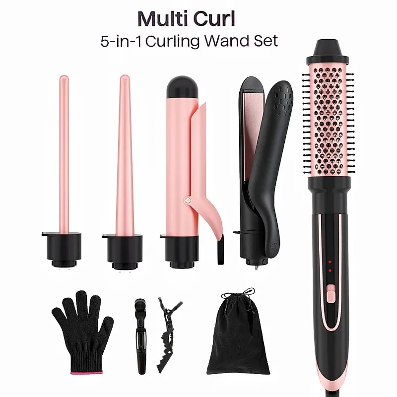 Heikki Vision 5-In-1 Hair Curler & Straightener Set - Curly Hair Brush Styling Tool, 4 Interchangeable Ceramic Barrels, Instant Heat, Heat-Proof Mitt, 2 Clips, Hair Straighteners