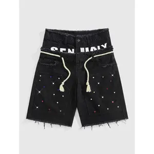 Men's High Cotton Colorful Rhinestone Embellished Denim Shorts, Frayed Hem Loose Fit Streetwear Jean Shorts, Y2K Hip Hop Casual Summer Shorts for Men