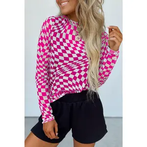 Rose Checkered Pattern Mesh Mock Neck Long Sleeve Top