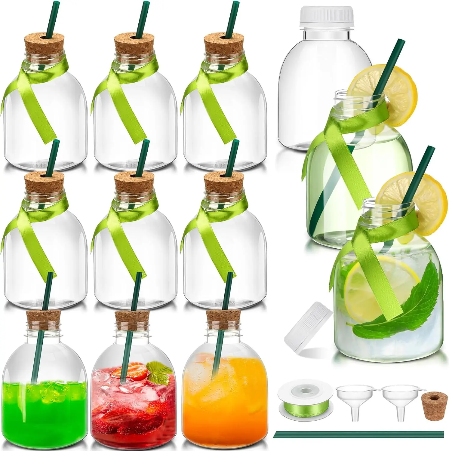 12 count 10 oz Plastic Patron Bottles with Cork and Straw Empty Juice Bottles for Drinks  Mini  Jar with Green Silky Ribbon for Wedding Party Personalized Decoration(Green)