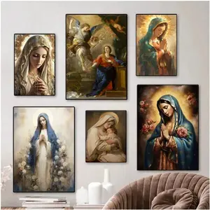 1 Pc  Frameless  Wall Arts Vintage Virgin Mary And Jesus Canvas Christian Faith Poster Home Wall Art, Vintage Living Room Kitchen Bathroom Decor
