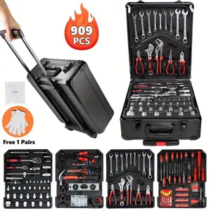 Tool Set Mechanics Tool Kit 909 PCS Wrenches Socket with Trolley Case Box Silver Free 1 Pairs of Gloves