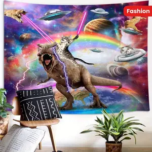 Funky Space Cat Riding Dinosaur Tapestry - Vibrant Galaxy Adventure Wall Hanging, Polyester Peach Skin Fabric, Colorful Anime-Inspired Decor for Bedroom & Living Room, Bedroom Wall Decor |   Whimsical Decor |   Durable Wall Tapestry