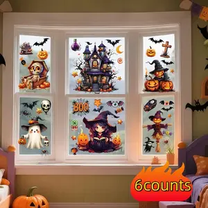 Halloween DIY Window Stickers Set, PVC Reusable Halloween Decals, Castle Bat Witch Pumpkin Decor, Glass Door Visuals, Festive Home Decoration