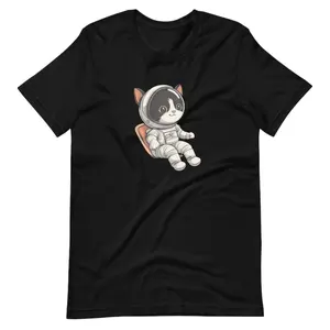 Men's space adventure with a cat astronaut Graphic T-Shirt - Short Sleeve Crew Neck Regular Fit Casual Wear | Soft & Breathable Fabric, Durable Print, Everyday Comfort, Machine Washable, cute cartoon illustration a cat in an astronaut suit floating in
