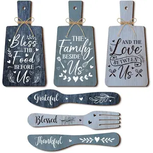 6 Pcs Rustic Kitchen Wall Decor Wooden Cutting Board Signs with "Bless the Food Before Us" Vintage Blue Knife Fork Spoon Wall Art with Thankful Grateful for Spring Dining Home Housewarming Gift