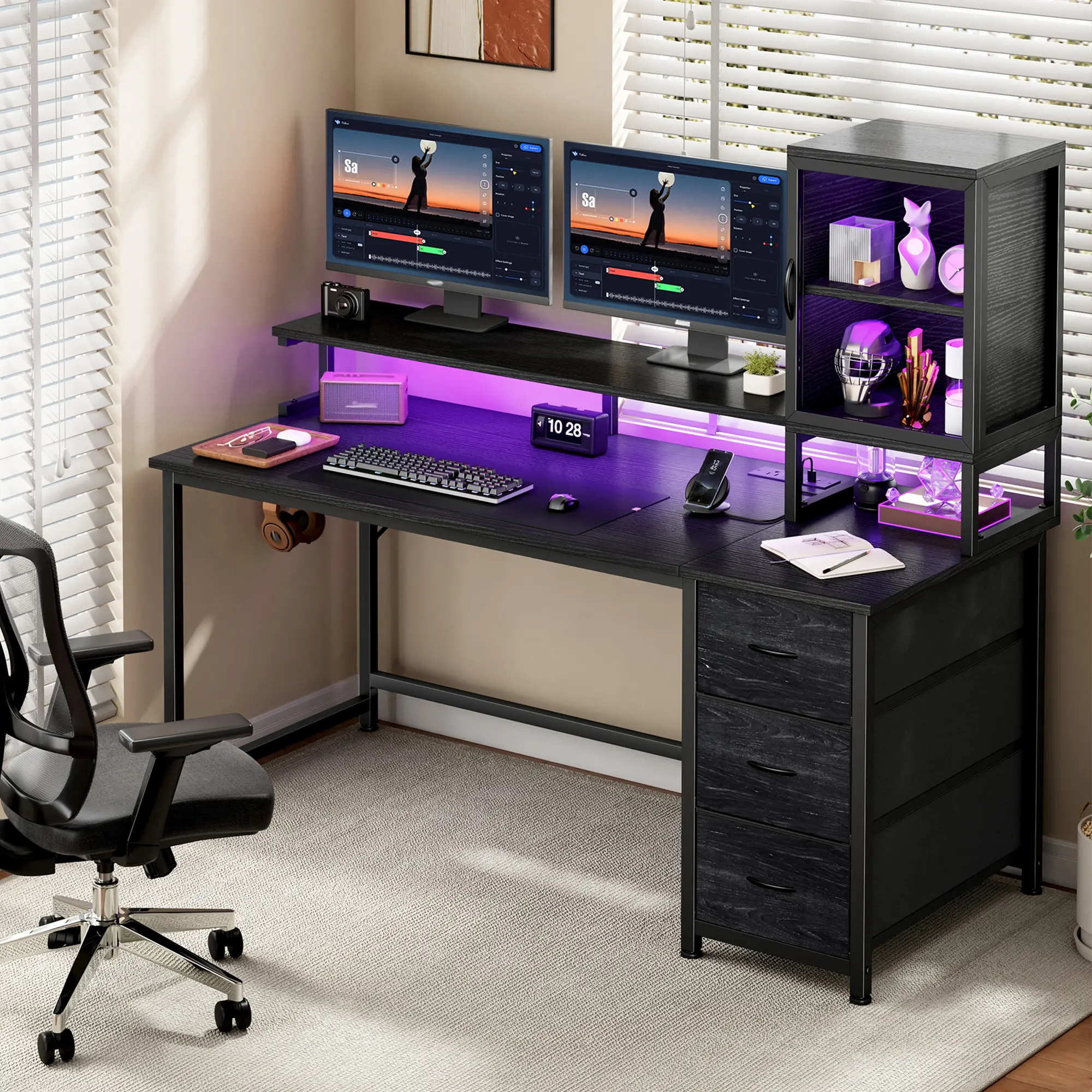 【Deals for you Days】Figure Display Cabinet 55’‘ Gaming desk with Led Lights Strip, Computer Desk with 3 Drawers & Dual Monitor Stand, A must-buy for gamers & anime fans, Homeoffice Desk & Writting Table, Black