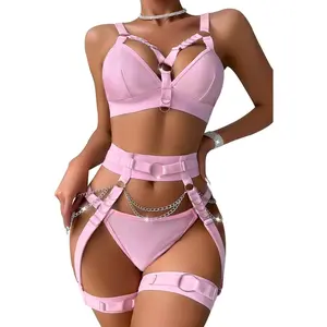 Sexy Chain Strappy Garter Belt Women Lingerie Set Rave Outfits