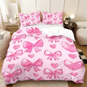 The 3-piece set includes 1 duvet cover and 2 pillowcases (without padding) Pink princess bow and heart pattern printed bedding set, soft and comfortable for all seasons, perfect for children's adult rooms and gift options, Soft Breathable Bedding