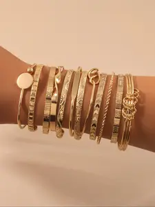 Boho Style Adjustable Metal Bracelet Set for Women, Heart Pattern Texture Design, Ideal Gift for Friends & Family, Stackable Bracelets