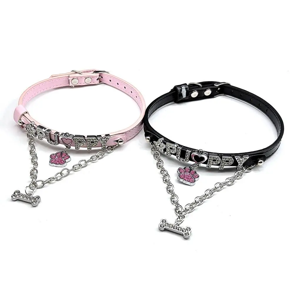 Y2K Rhinestones Harajuku Puppy Collar Sexy Bone Dog Cat Paw Pendant Chocker Necklace Cosplay Pu Leather Chain Jewelry Gift