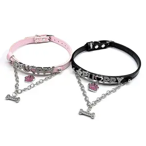 Y2K Rhinestones Harajuku Puppy Collar Sexy Bone Dog Cat Paw Pendant Chocker Necklace Cosplay Pu Leather Chain Jewelry Gift