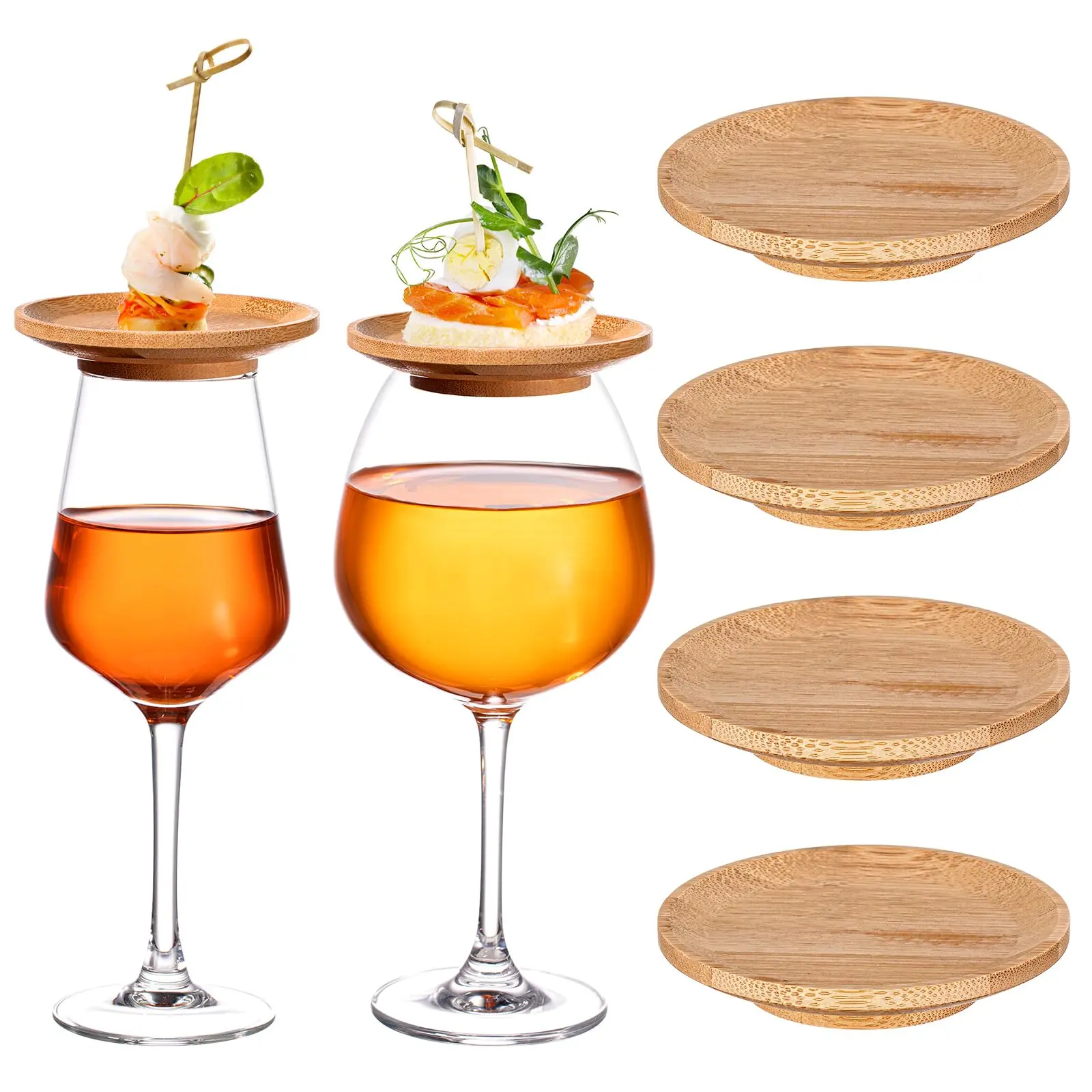 4-Piece 4in Bamboo Dual-Use Wine Glass Charcuterie Toppers - Sturdy Wood Kitchen Coasters, Decorative Tableware for Wine Tasting, Christmas Parties