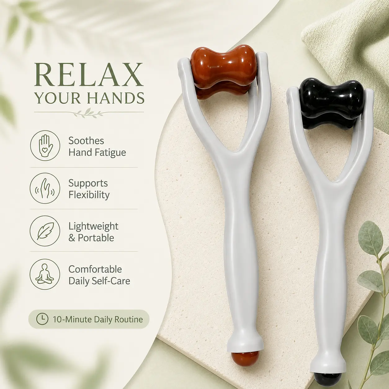 Natural Bian Stone Hand & Finger Massager – Dual-Sided Roller for Arthritis, Carpal Tunnel & Stress Relief, Portable Therapy Tool for Office, Seniors & Everyday Relaxation