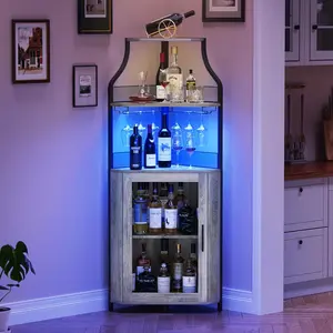 Bar Cabinet Industrial Corner Storage(Without LED Lighting Glass) Holder Adjustable Shelf Grey Furniture for Small Space