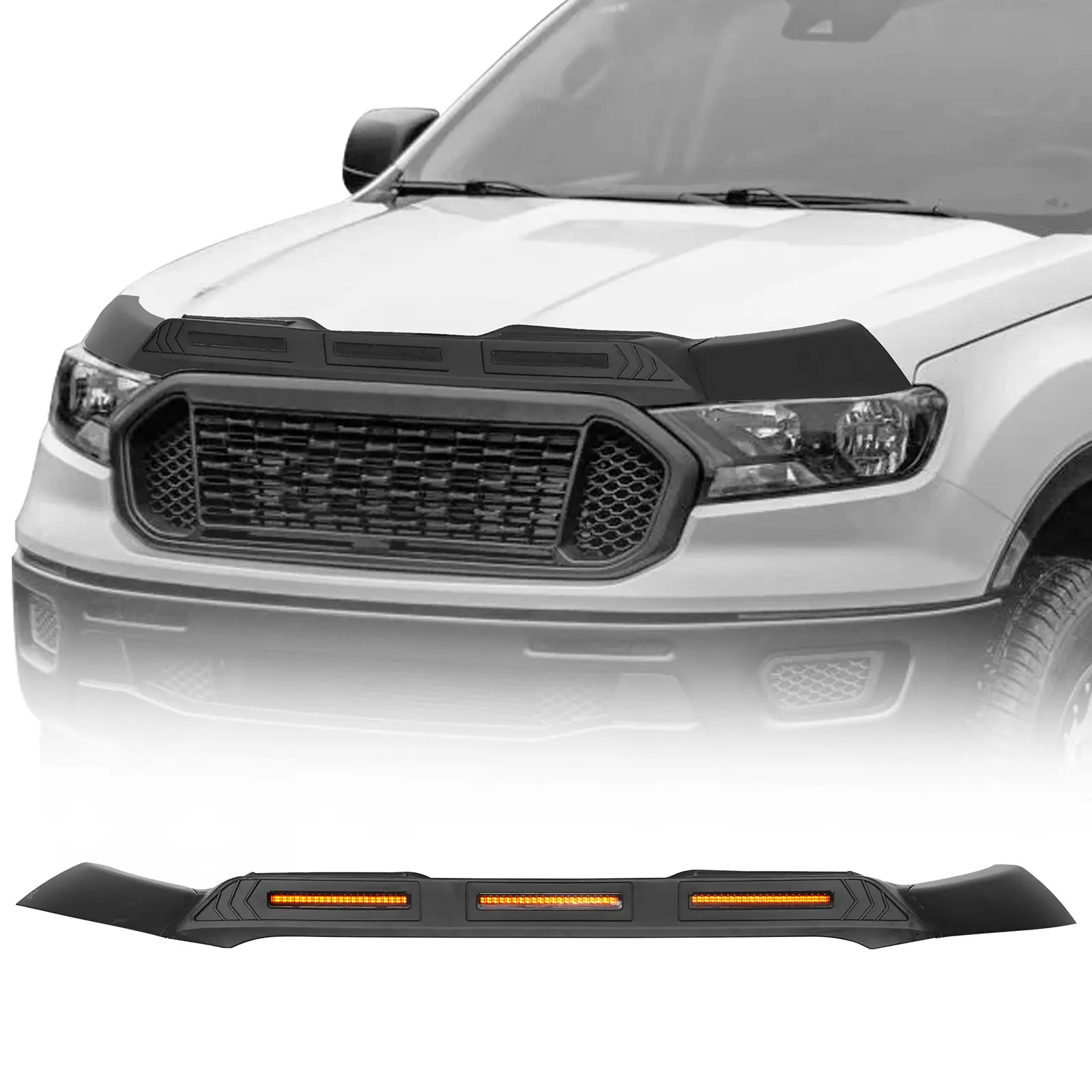 Hooke Road Car Hood Cover for 2019-2023 Ford Ranger, Matte Black Polypropylene Automotive Hood Protector, Bug Stain Shield with 2 Amber Offroad Lights, ACC Auto Power Wire Circuit, Easy Installation